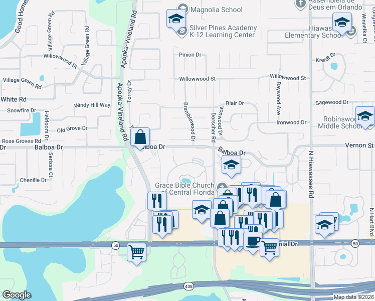 map of restaurants, bars, coffee shops, grocery stores, and more near 7243 Woodhill Park Drive in Orlando