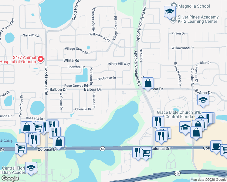 map of restaurants, bars, coffee shops, grocery stores, and more near 1247 Woodman Way in Orlando