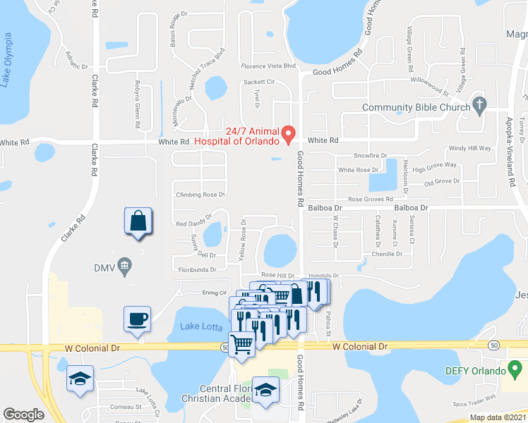 map of restaurants, bars, coffee shops, grocery stores, and more near 1058 Yellow Rose Drive in Orlando
