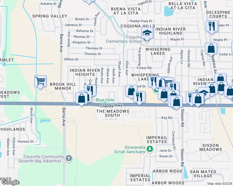 map of restaurants, bars, coffee shops, grocery stores, and more near 1110 Cheney Highway in Titusville