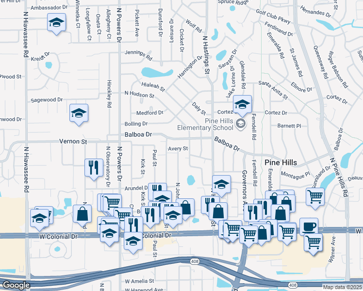 map of restaurants, bars, coffee shops, grocery stores, and more near 5920 Avery Street in Orlando