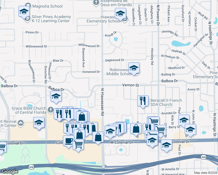 map of restaurants, bars, coffee shops, grocery stores, and more near 6628 Vernon Street in Orlando