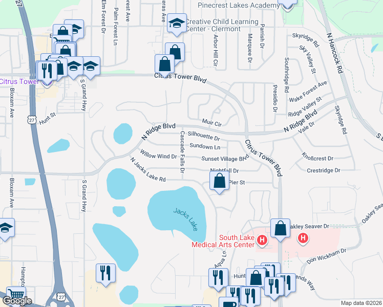 map of restaurants, bars, coffee shops, grocery stores, and more near 1501 Sunset Village Boulevard in Clermont