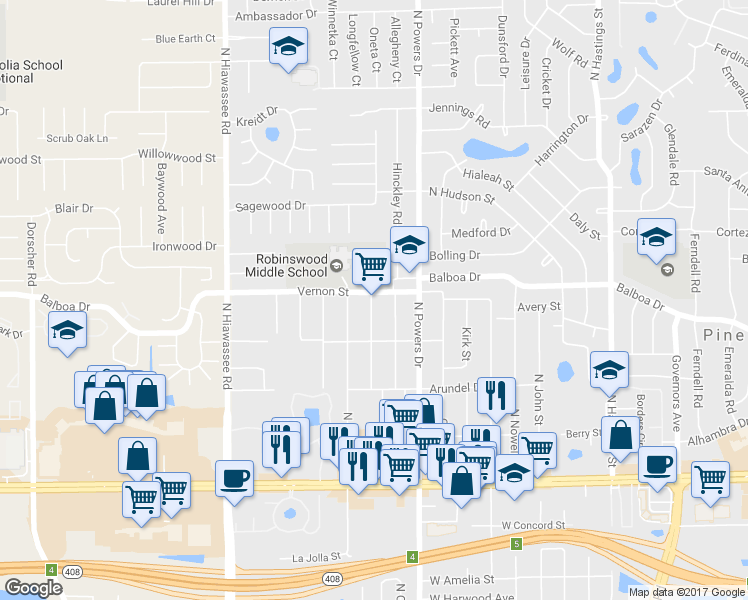 map of restaurants, bars, coffee shops, grocery stores, and more near 1403 North Buena Vista Avenue in Orlando