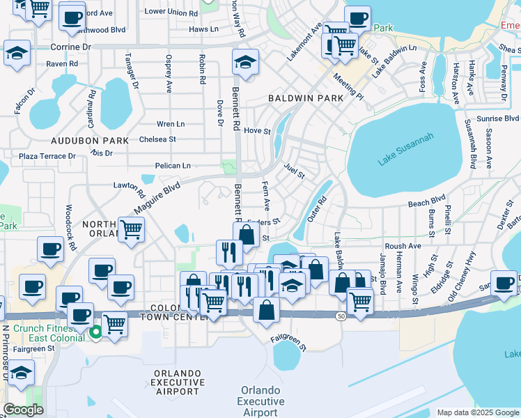 map of restaurants, bars, coffee shops, grocery stores, and more near 919 Fern Avenue in Orlando