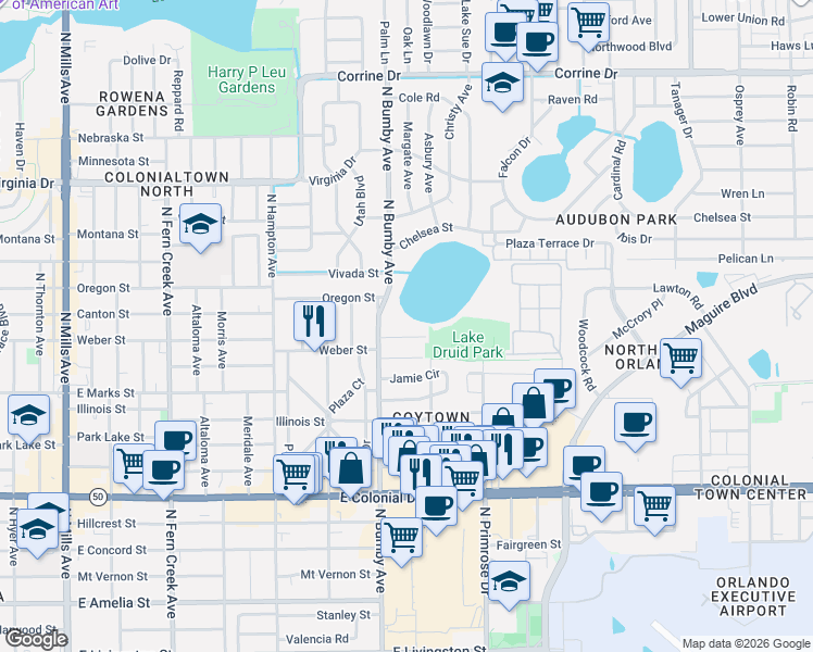 map of restaurants, bars, coffee shops, grocery stores, and more near 2502 Weber Street in Orlando