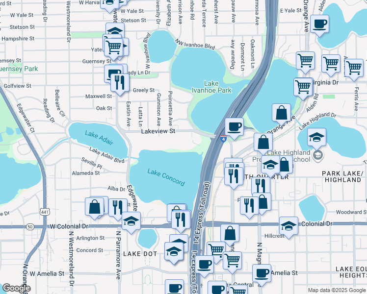 map of restaurants, bars, coffee shops, grocery stores, and more near 346 Lakeview Street in Orlando