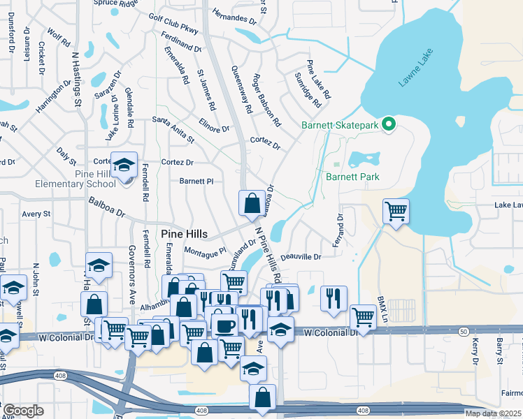map of restaurants, bars, coffee shops, grocery stores, and more near 949 North Pine Hills Road in Pine Hills