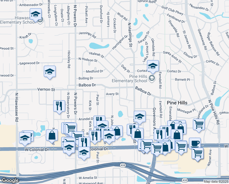 map of restaurants, bars, coffee shops, grocery stores, and more near 5920 Avery Street in Orlando