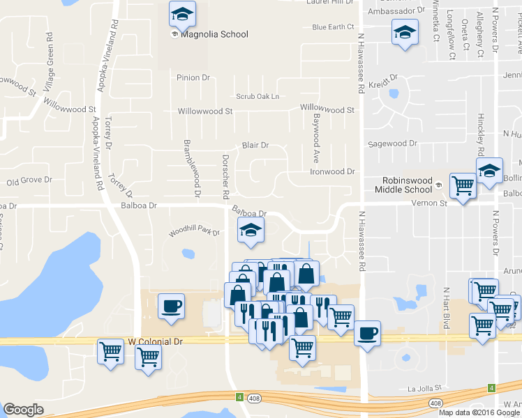 map of restaurants, bars, coffee shops, grocery stores, and more near 7486 Beacon Hill Loop in Orlando