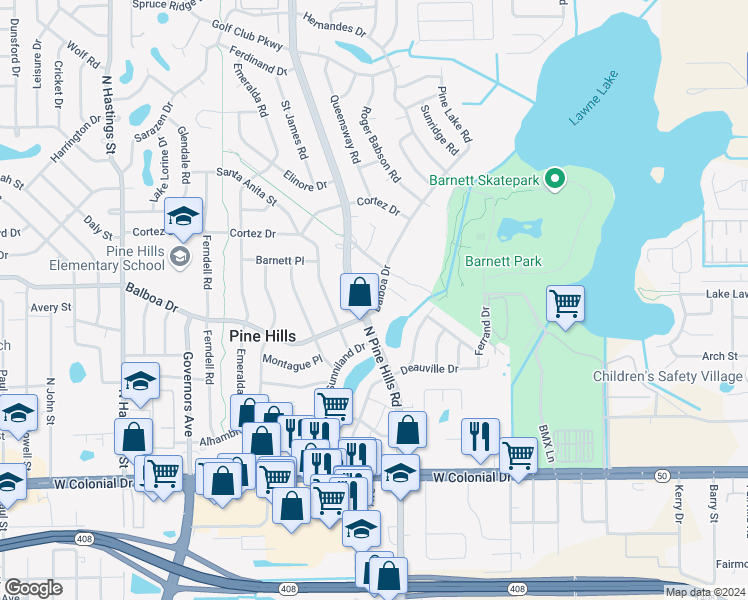 map of restaurants, bars, coffee shops, grocery stores, and more near 949 North Pine Hills Road in Pine Hills