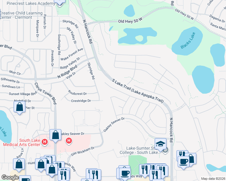 map of restaurants, bars, coffee shops, grocery stores, and more near 798 Princeton Drive in Clermont