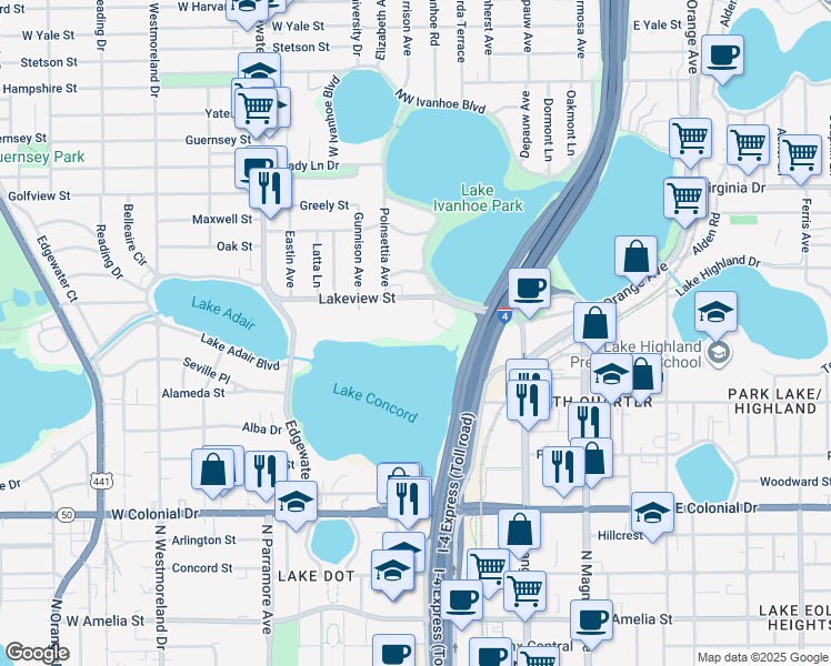 map of restaurants, bars, coffee shops, grocery stores, and more near 346 Lakeview Street in Orlando