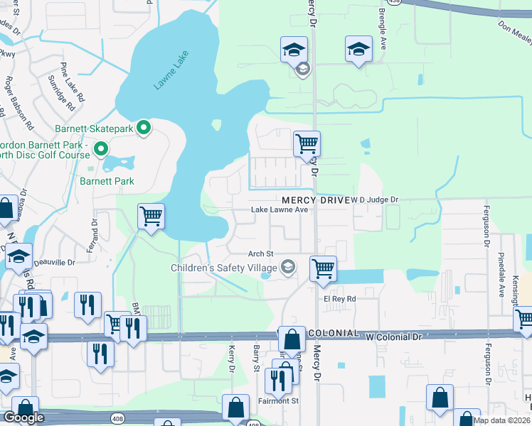 map of restaurants, bars, coffee shops, grocery stores, and more near 1308 Dewey Avenue in Orlando
