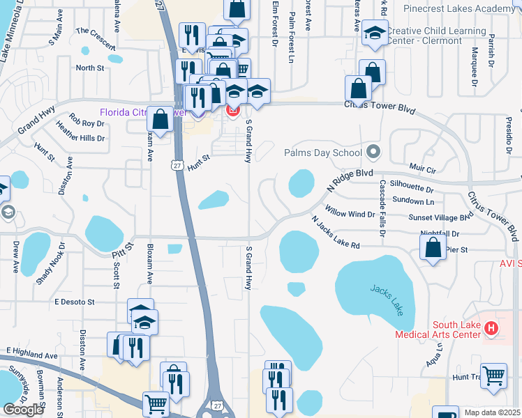 map of restaurants, bars, coffee shops, grocery stores, and more near 224 Pleasant Hill Drive in Clermont