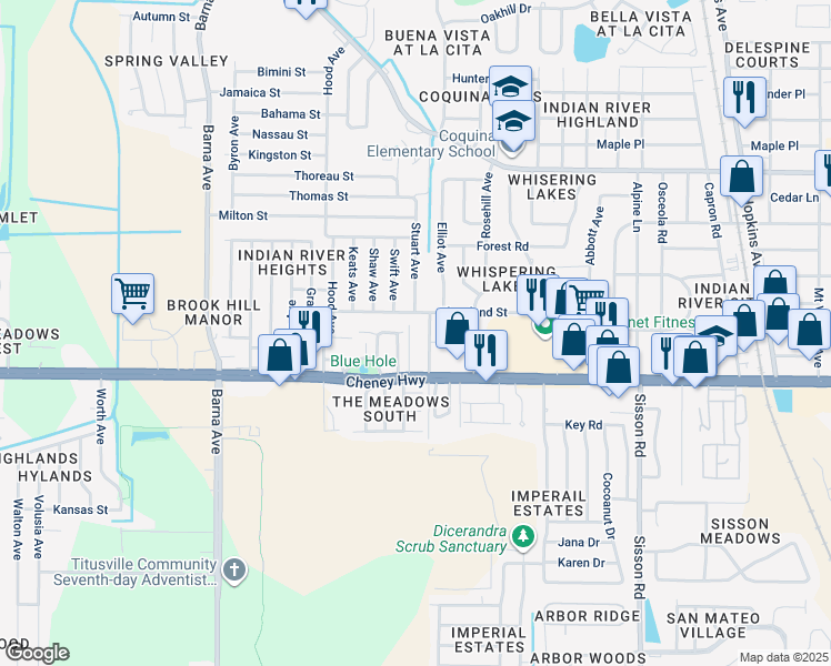 map of restaurants, bars, coffee shops, grocery stores, and more near 1110 Cheney Highway in Titusville