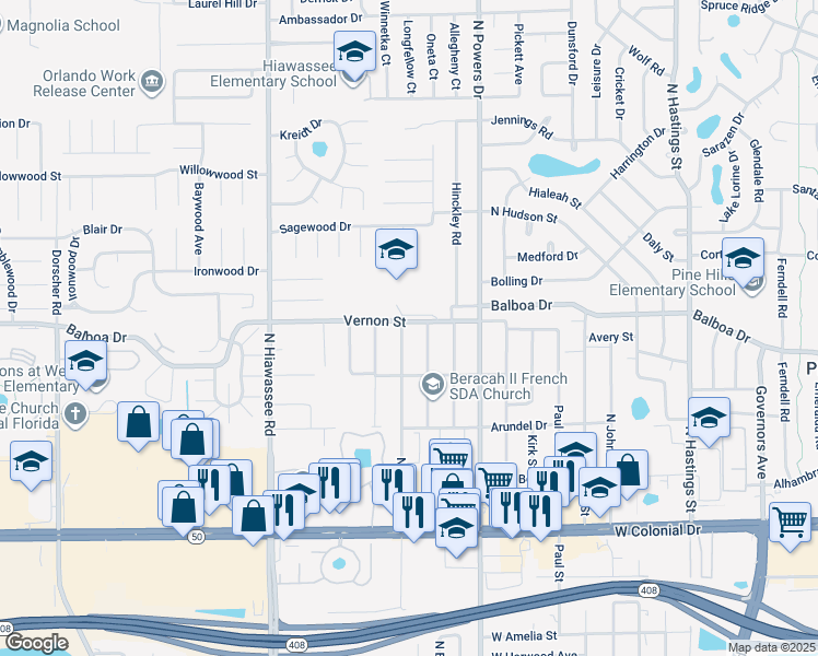 map of restaurants, bars, coffee shops, grocery stores, and more near 1421 North Hart Boulevard in Orlando