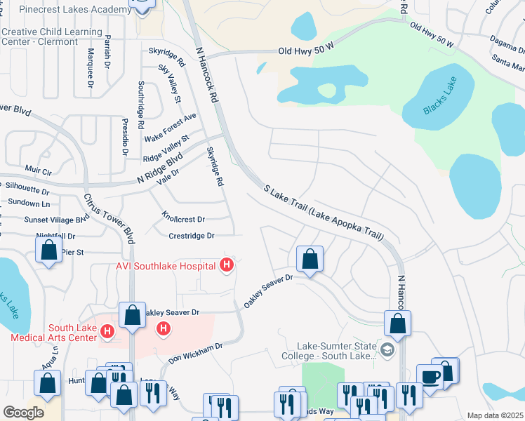 map of restaurants, bars, coffee shops, grocery stores, and more near 794 Princeton Drive in Clermont