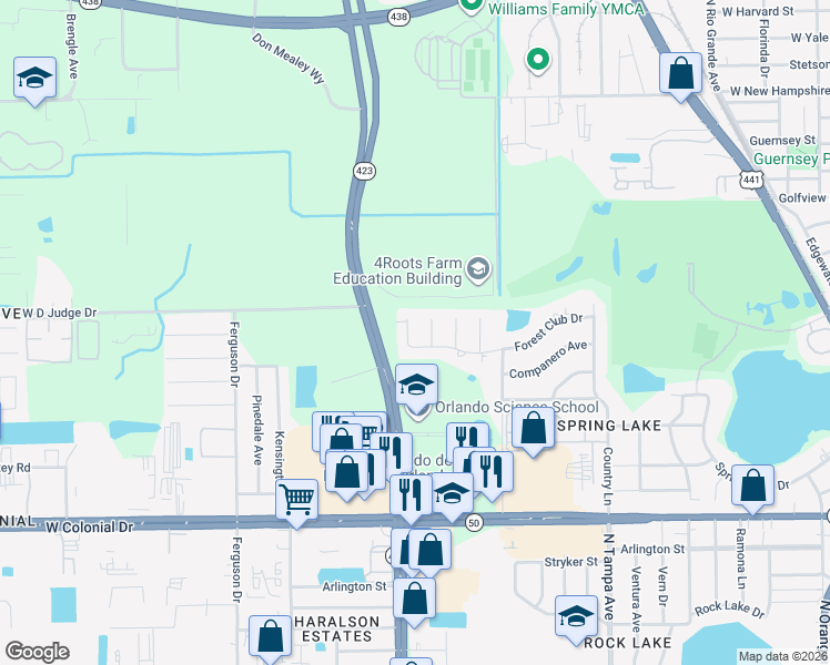 map of restaurants, bars, coffee shops, grocery stores, and more near 2460 Forest Club Drive in Orlando