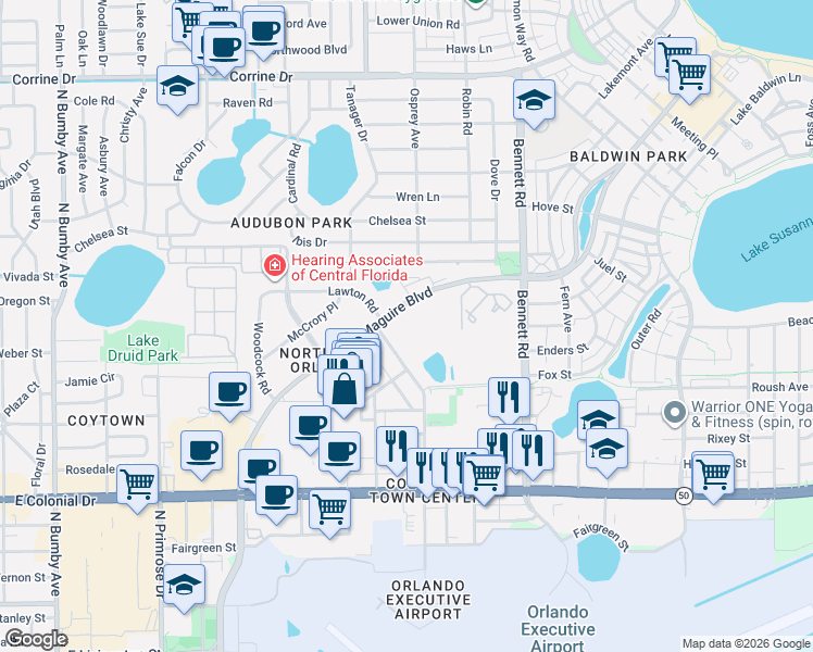 map of restaurants, bars, coffee shops, grocery stores, and more near 859 McCullough Avenue in Orlando