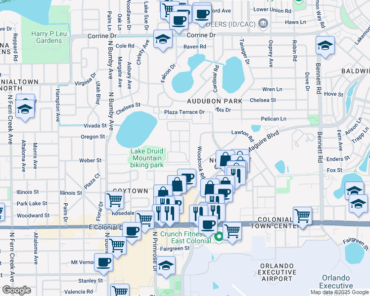map of restaurants, bars, coffee shops, grocery stores, and more near 1000 Woodcock Road in Orlando