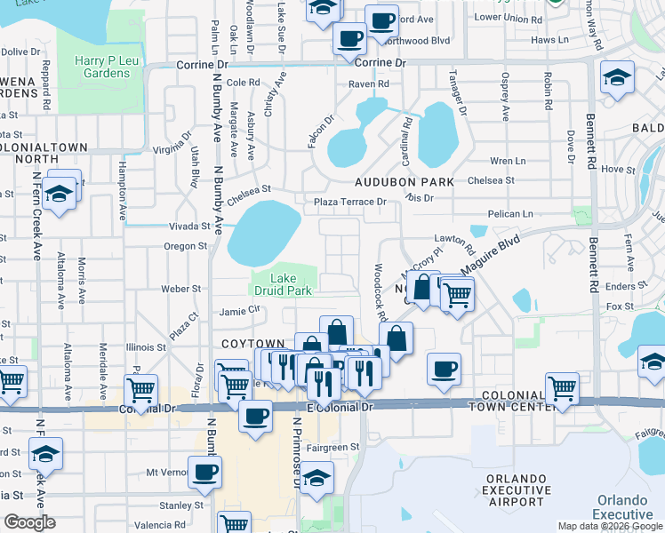 map of restaurants, bars, coffee shops, grocery stores, and more near 2984-3198 Seabee St in Orlando