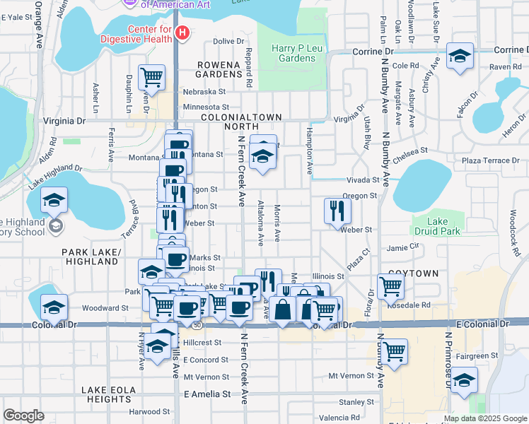map of restaurants, bars, coffee shops, grocery stores, and more near 1718 Weber Street in Orlando