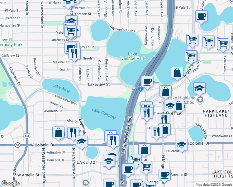 map of restaurants, bars, coffee shops, grocery stores, and more near 346 Lakeview Street in Orlando