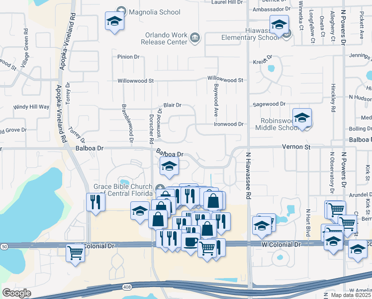 map of restaurants, bars, coffee shops, grocery stores, and more near 7486 Beacon Hill Loop in Orlando