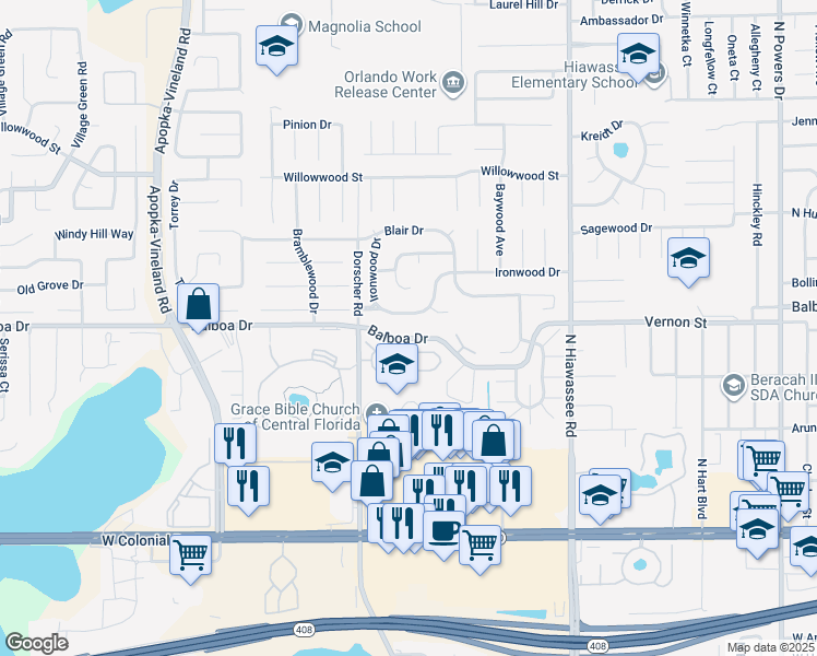 map of restaurants, bars, coffee shops, grocery stores, and more near 7325 Beacon Hill Loop in Orlando