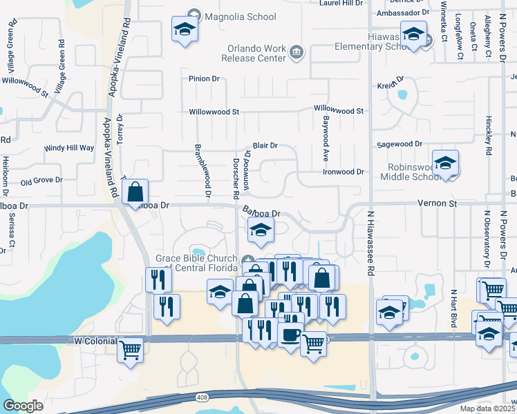 map of restaurants, bars, coffee shops, grocery stores, and more near 7325 Beacon Hill Loop in Orlando