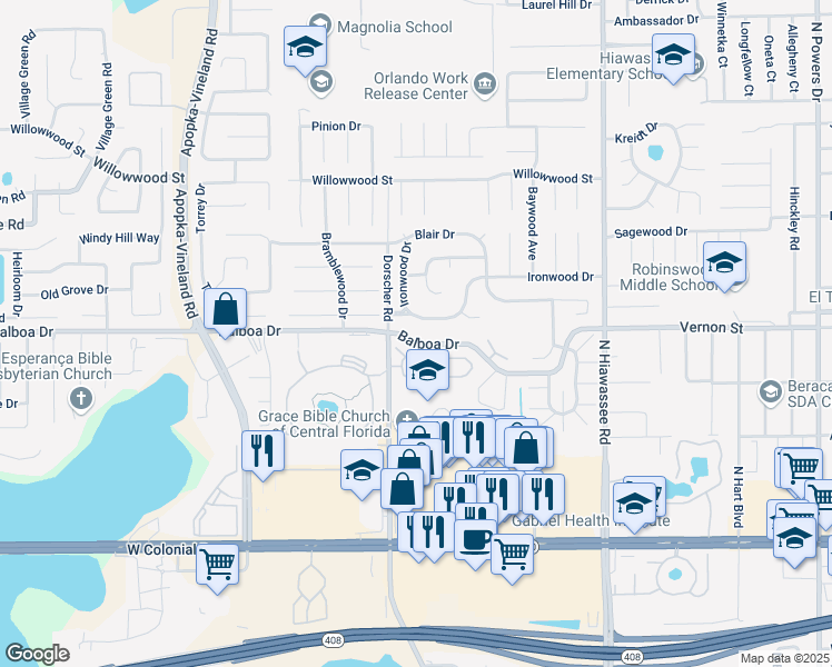 map of restaurants, bars, coffee shops, grocery stores, and more near 7325 Beacon Hill Loop in Orlando