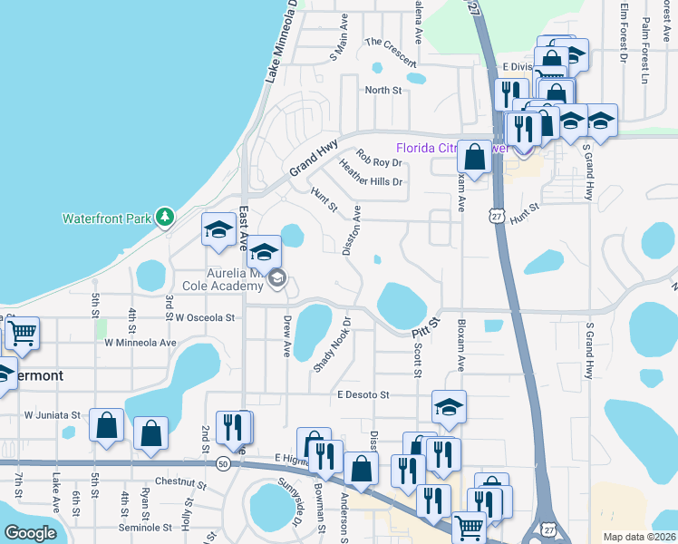 map of restaurants, bars, coffee shops, grocery stores, and more near 441 Richmont Court in Clermont