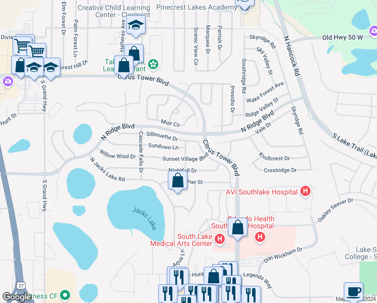 map of restaurants, bars, coffee shops, grocery stores, and more near 207 Evening Drive in Clermont
