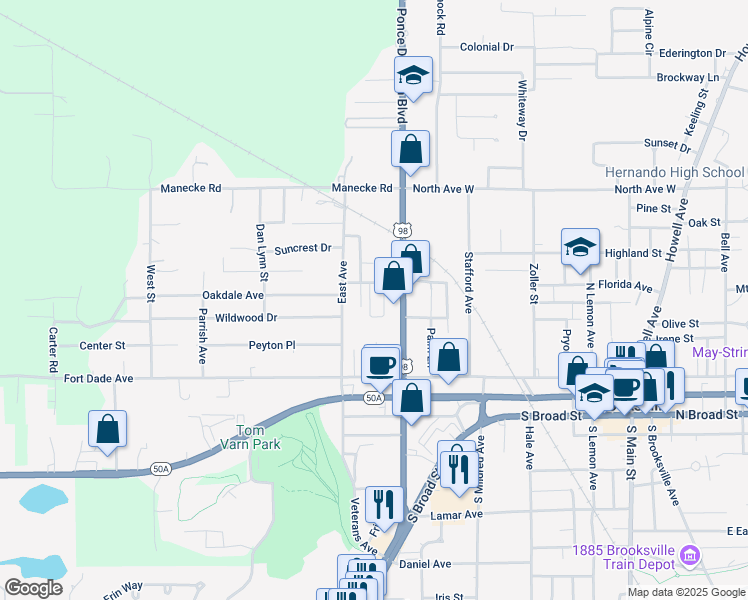 map of restaurants, bars, coffee shops, grocery stores, and more near 715 Oakdale Avenue in Brooksville
