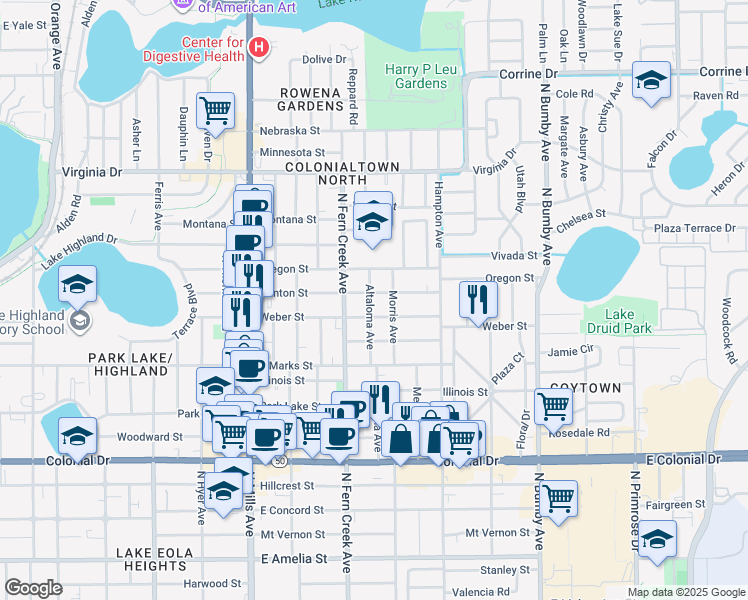 map of restaurants, bars, coffee shops, grocery stores, and more near 1718 Weber Street in Orlando