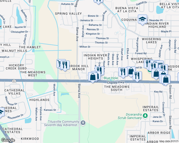 map of restaurants, bars, coffee shops, grocery stores, and more near 4570 Browning Avenue in Titusville
