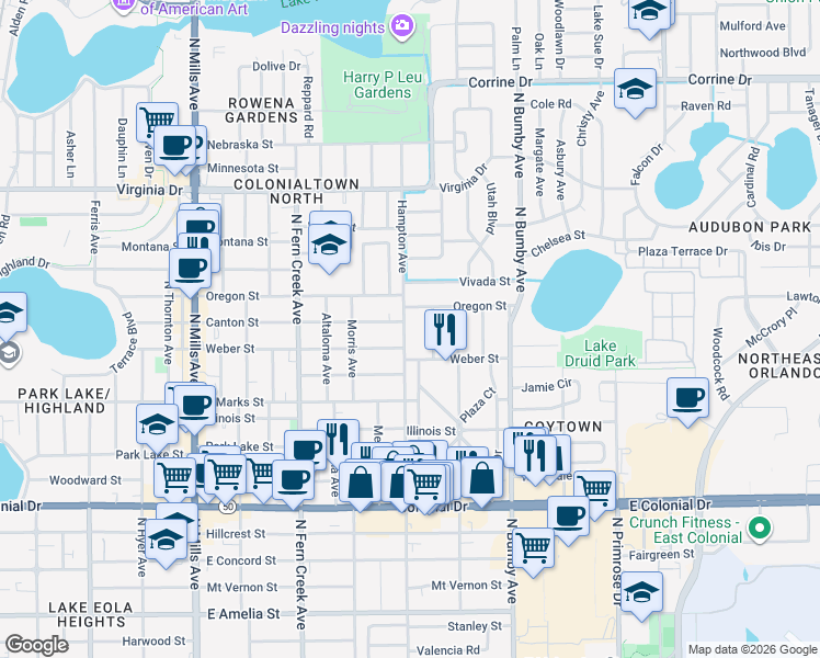 map of restaurants, bars, coffee shops, grocery stores, and more near 1019 Hampton Avenue in Orlando