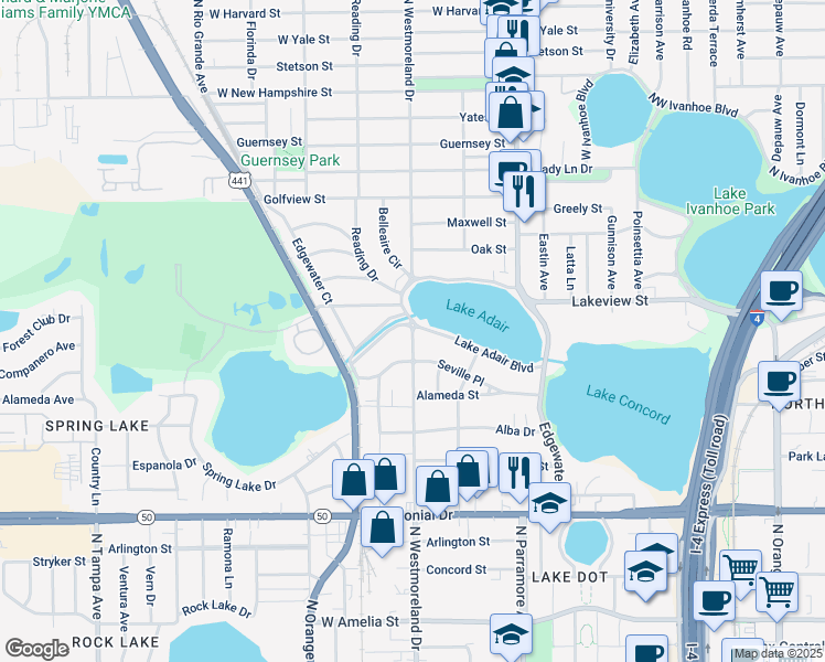 map of restaurants, bars, coffee shops, grocery stores, and more near 1001 North Westmoreland Drive in Orlando