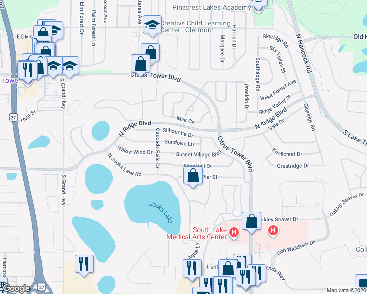 map of restaurants, bars, coffee shops, grocery stores, and more near 1589 Silhouette Drive in Clermont