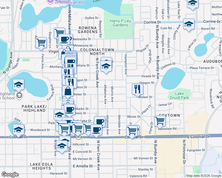 map of restaurants, bars, coffee shops, grocery stores, and more near 1046 Morris Avenue in Orlando