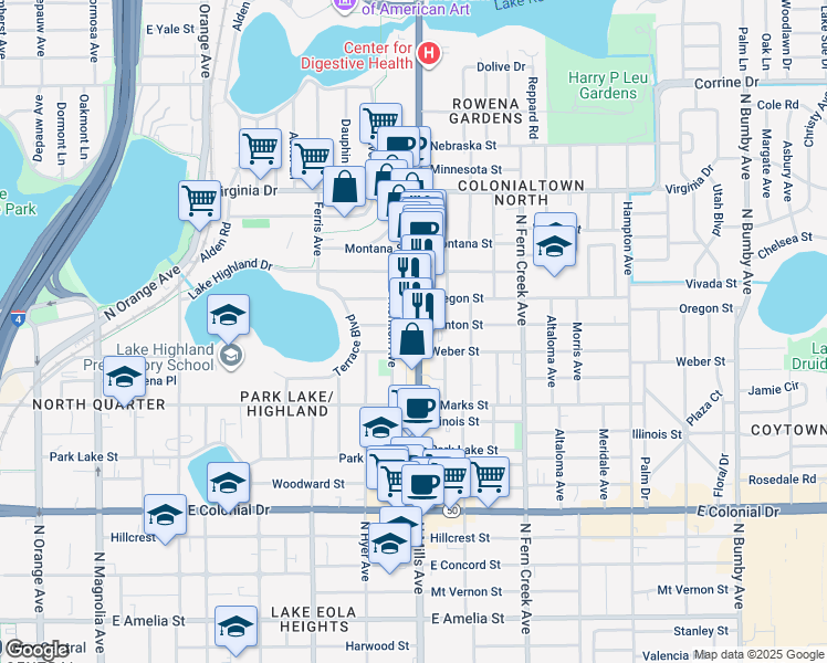 map of restaurants, bars, coffee shops, grocery stores, and more near 1024 North Mills Avenue in Orlando