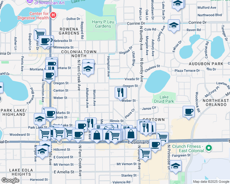 map of restaurants, bars, coffee shops, grocery stores, and more near 2016 Oregon Street in Orlando