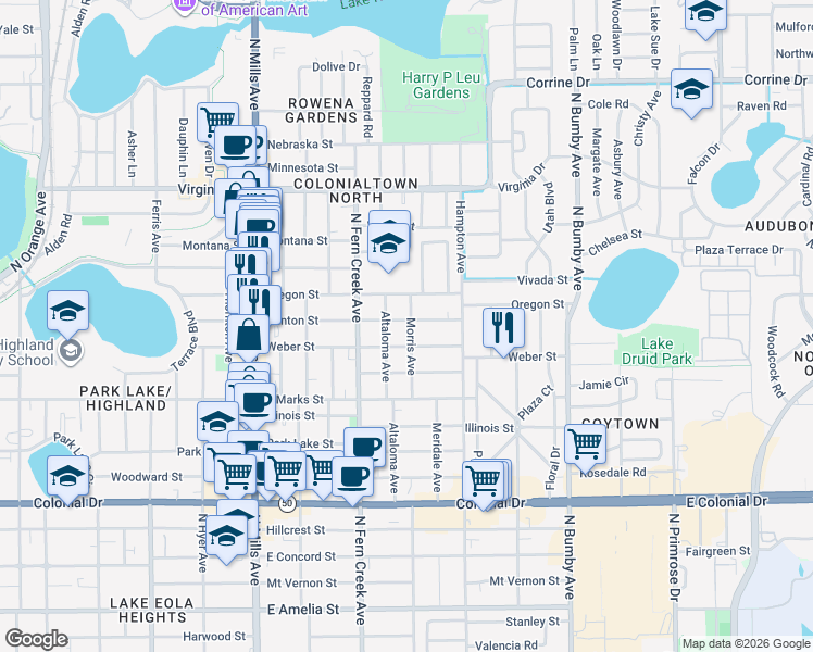 map of restaurants, bars, coffee shops, grocery stores, and more near 1046 Morris Avenue in Orlando