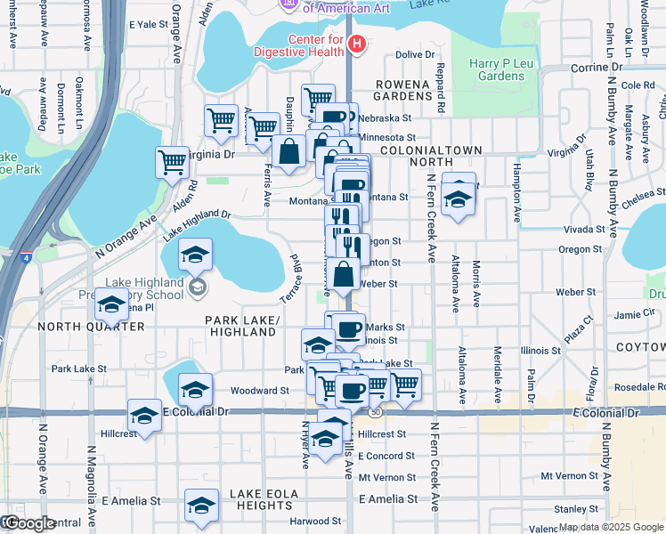 map of restaurants, bars, coffee shops, grocery stores, and more near 1024 North Mills Avenue in Orlando