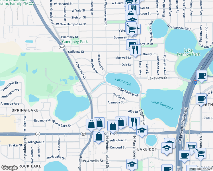 map of restaurants, bars, coffee shops, grocery stores, and more near 1001 North Westmoreland Drive in Orlando