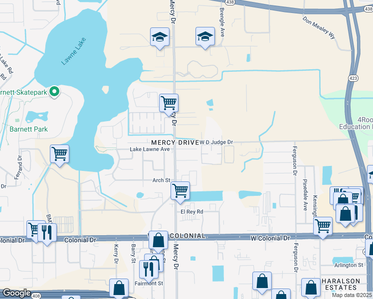 map of restaurants, bars, coffee shops, grocery stores, and more near 4111 Lake Lawne Avenue in Orlando
