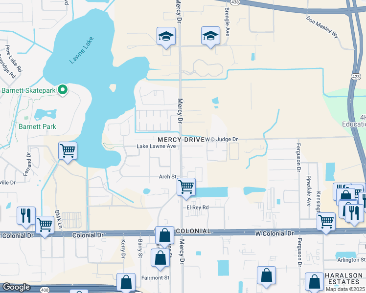 map of restaurants, bars, coffee shops, grocery stores, and more near 4203 Wd Judge Drive in Orlando