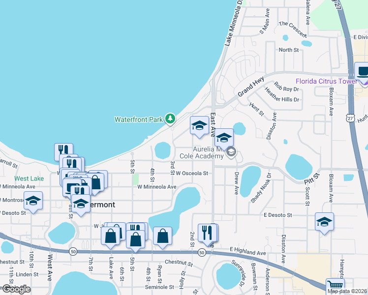 map of restaurants, bars, coffee shops, grocery stores, and more near 255 Orange Avenue in Clermont