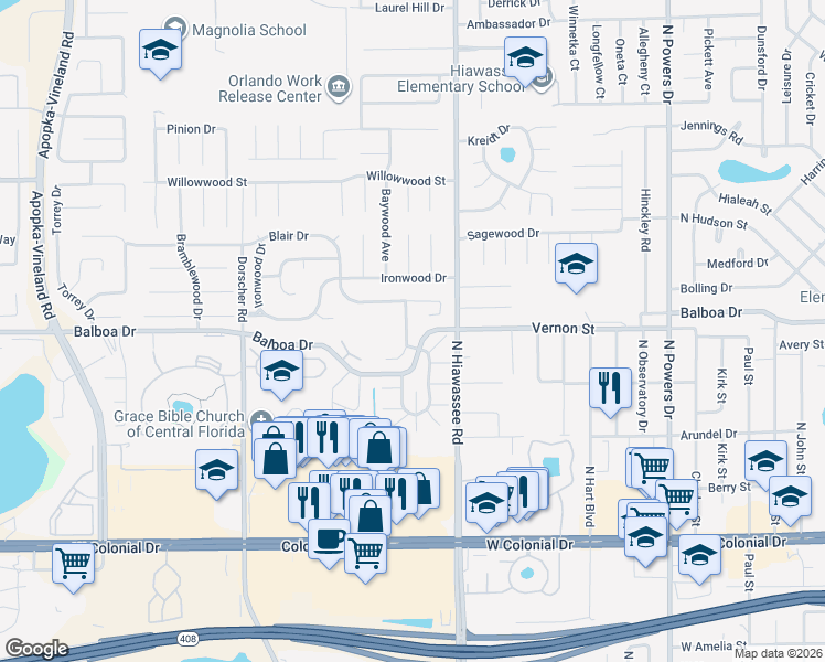 map of restaurants, bars, coffee shops, grocery stores, and more near 1615 Stanbury Drive in Orlando